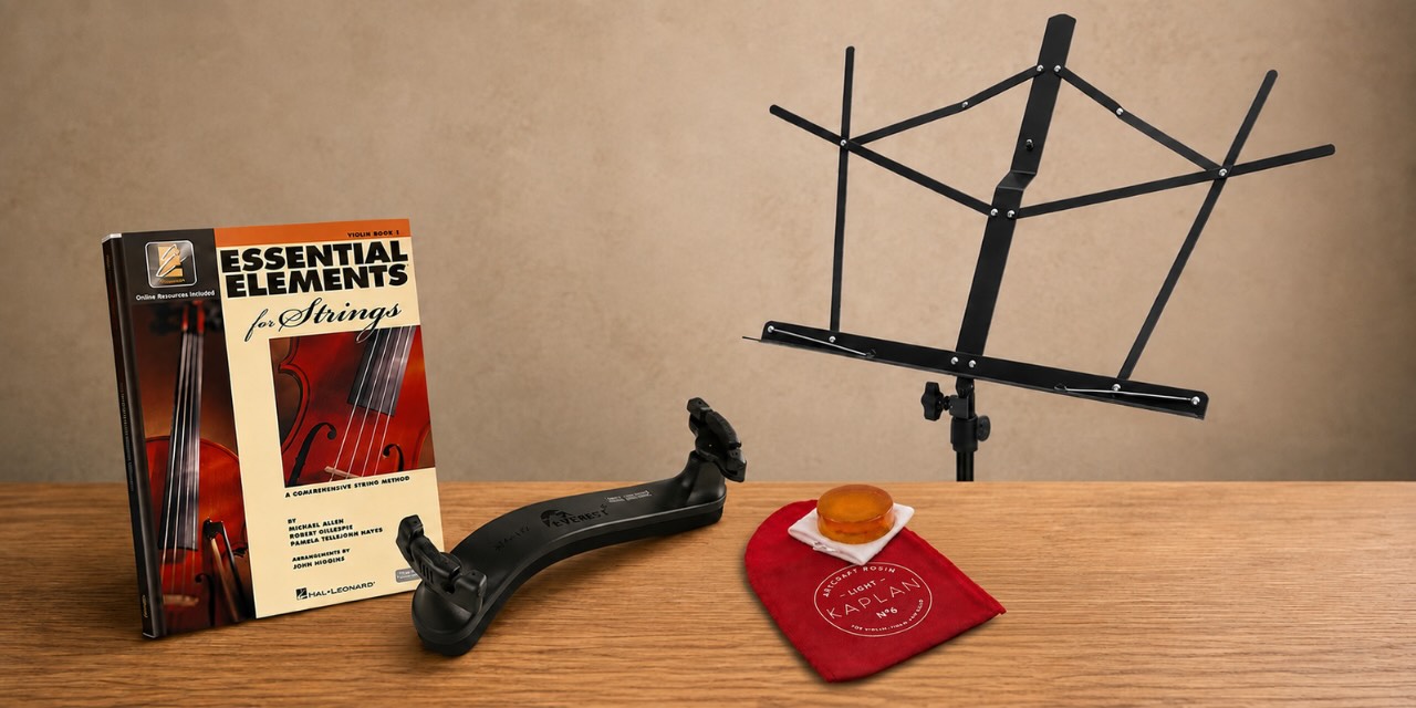 Rental accessories: rosin, shoulder rest, Essential Elements Book 1, foldable music stand, clip-on tuner